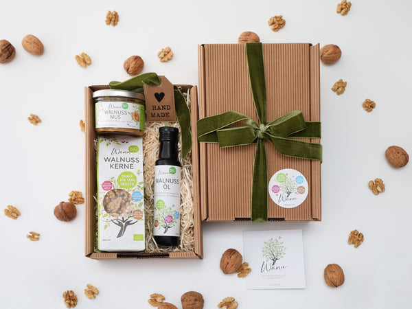 Geschenkbox Bio Walnuss-Trio: 100 ml Öl, 150 g Mus, 150 g Walnusskerne