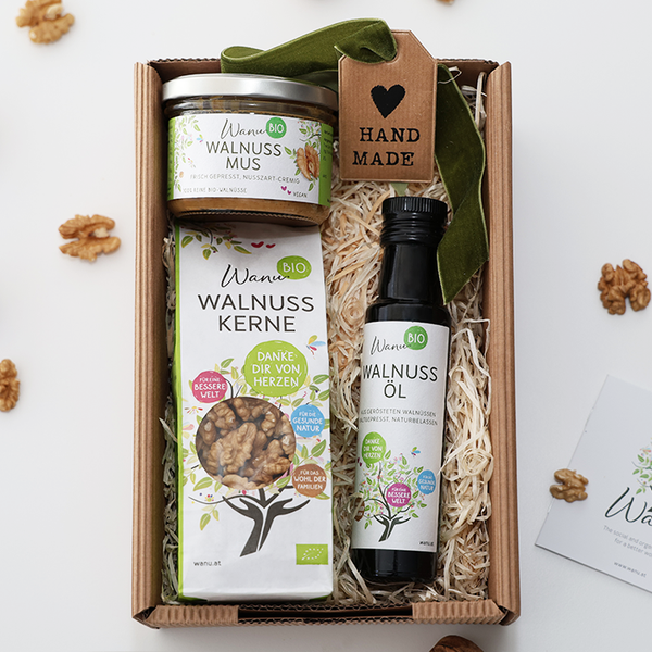 Geschenkbox Bio Walnuss-Trio: 100 ml Öl, 150 g Mus, 150 g Walnusskerne