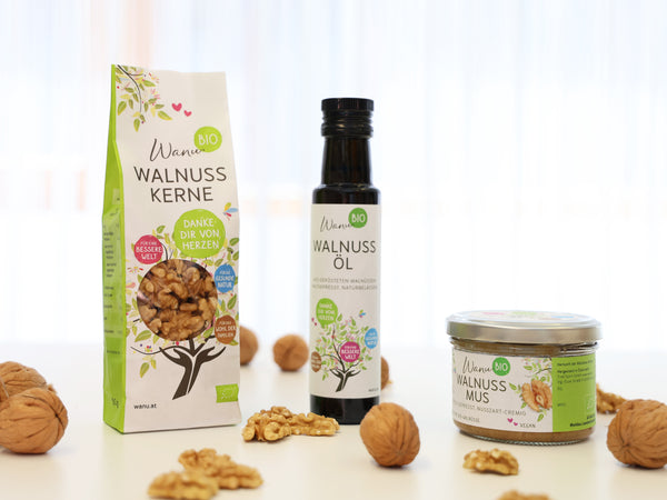 Geschenkbox Bio Walnuss-Trio: 100 ml Öl, 150 g Mus, 150 g Walnusskerne
